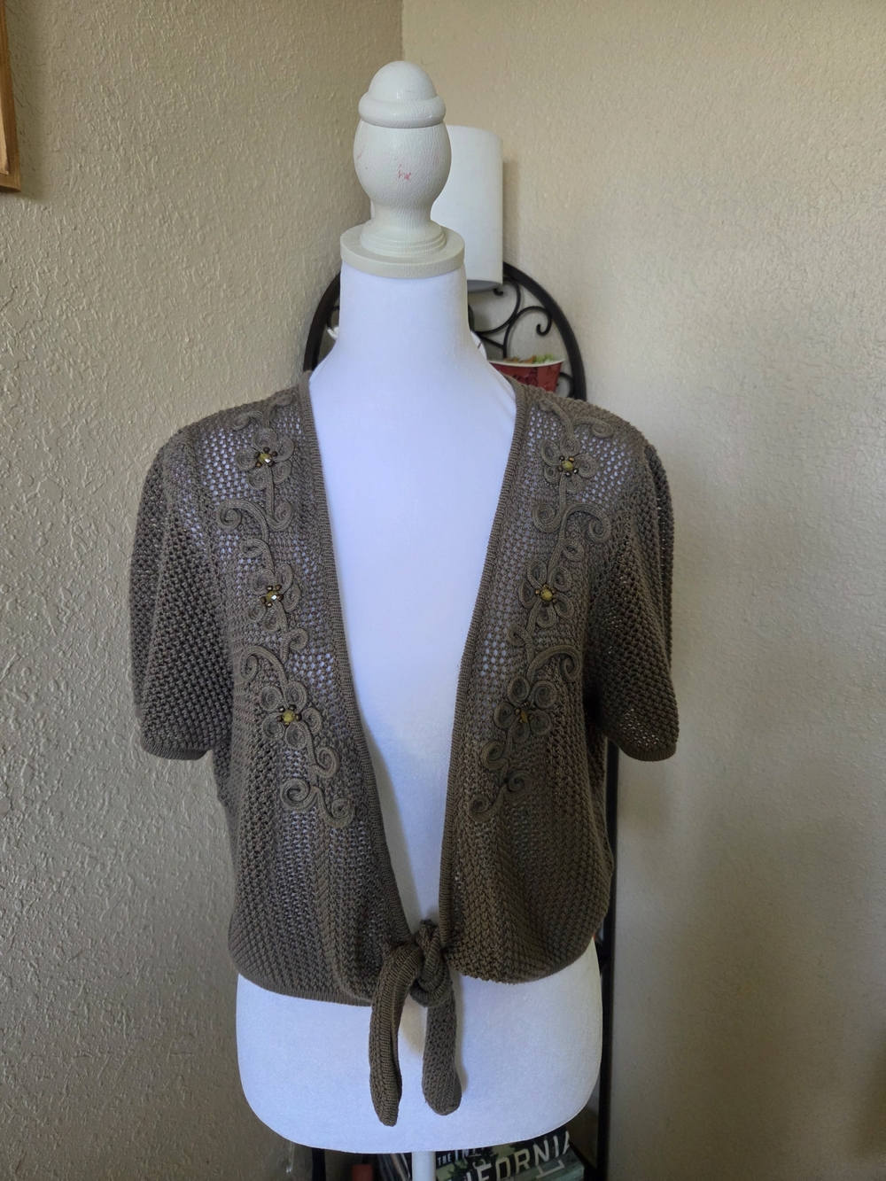 Alfred Dunner Taupe Open-Weave Tie-Front Cardigan with Floral Embroidery